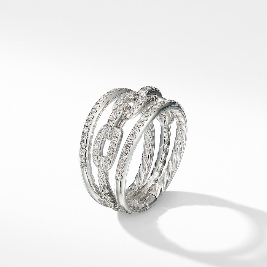 Stax Three Row Chain Link Ring in 18K White Gold and Pave Diamonds