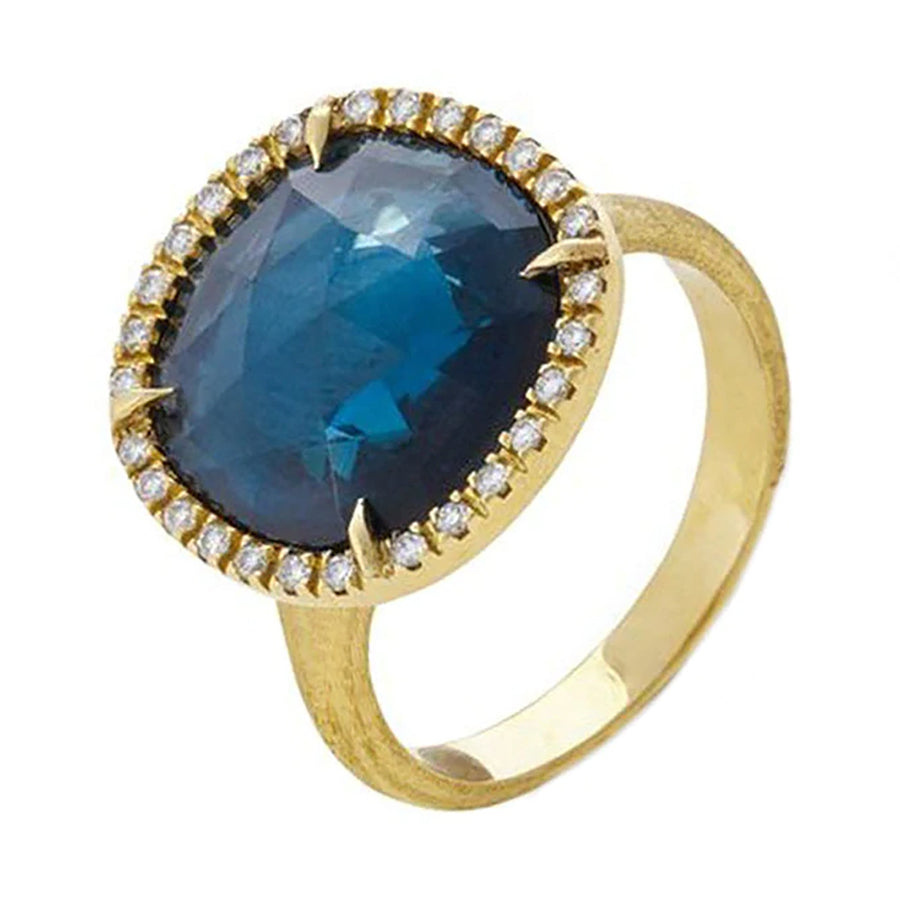 18K Yellow Gold London Blue Topaz and Diamond Medium Ring