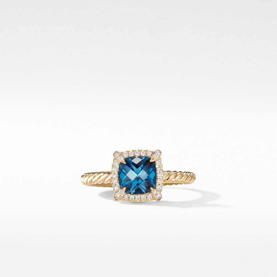 Petite Chatelaine Pave Bezel Ring in 18K Yellow Gold with Hampton Blue Topaz