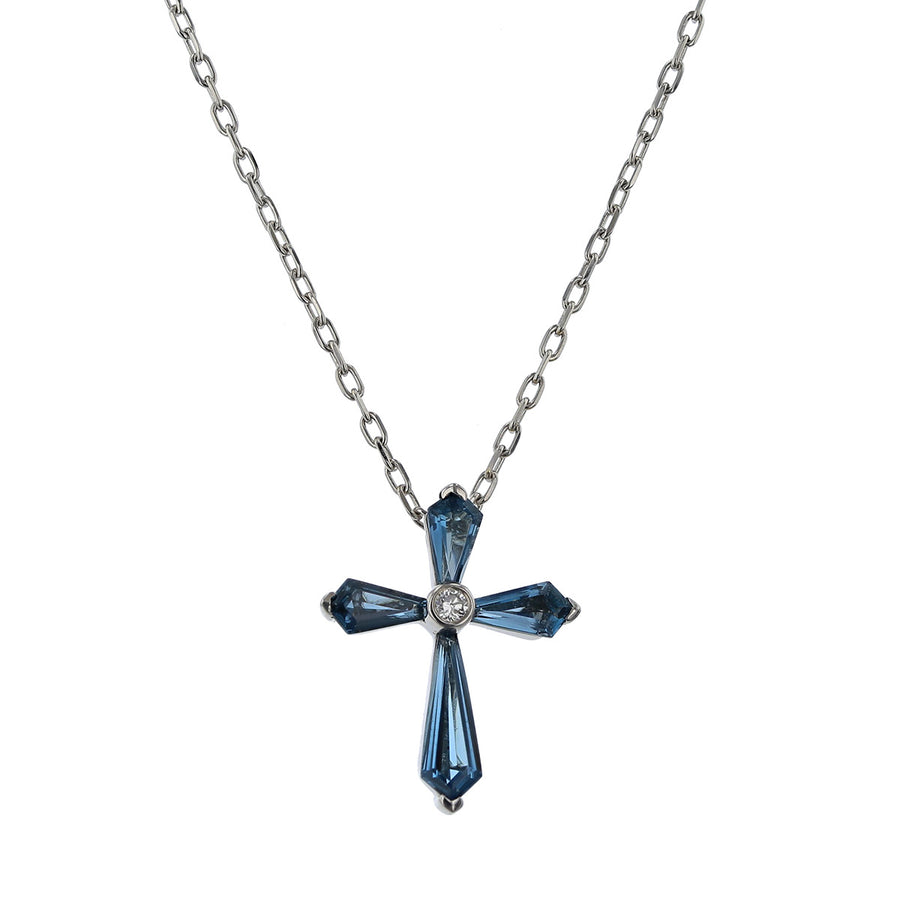 London Blue Topaz and Diamond Cross Pendant Necklace