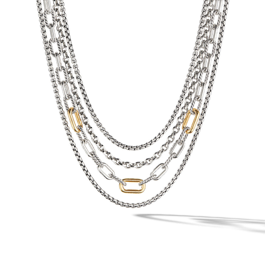 Four Row Mixed Chain Bib Necklace in Sterling Silver with 18K Yellow Gold
