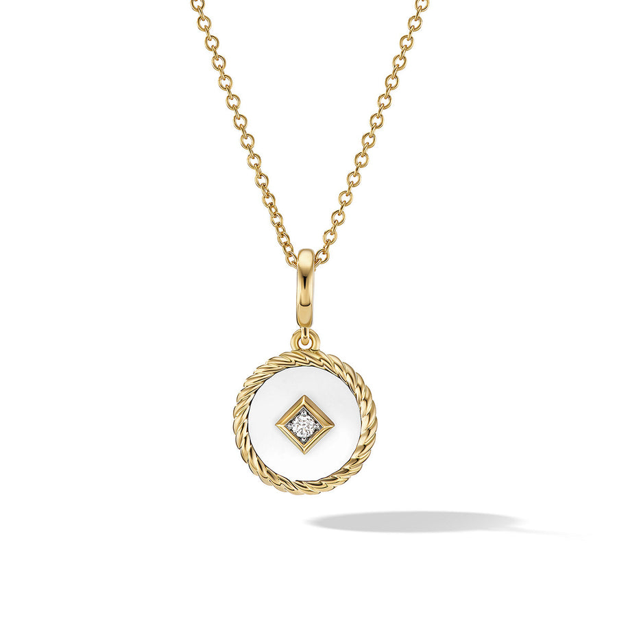 White Enamel Charm Necklace with 18K Yellow Gold and Diamond