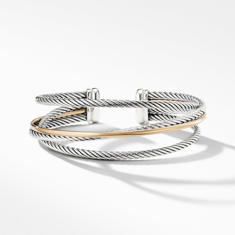Crossover Three Row Cuff Bracelet in Sterling Silver with 18K Yellow Gold