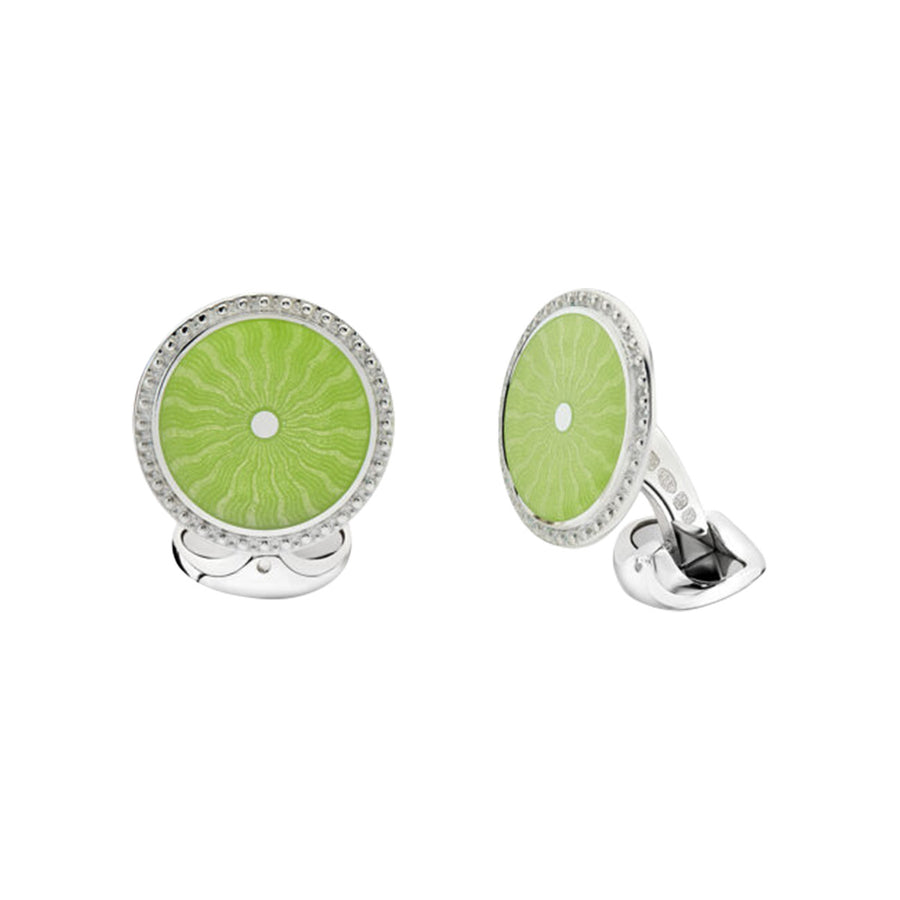 Sterling Silver Lime Green Patterned Enamel Cufflinks with Detailed Border