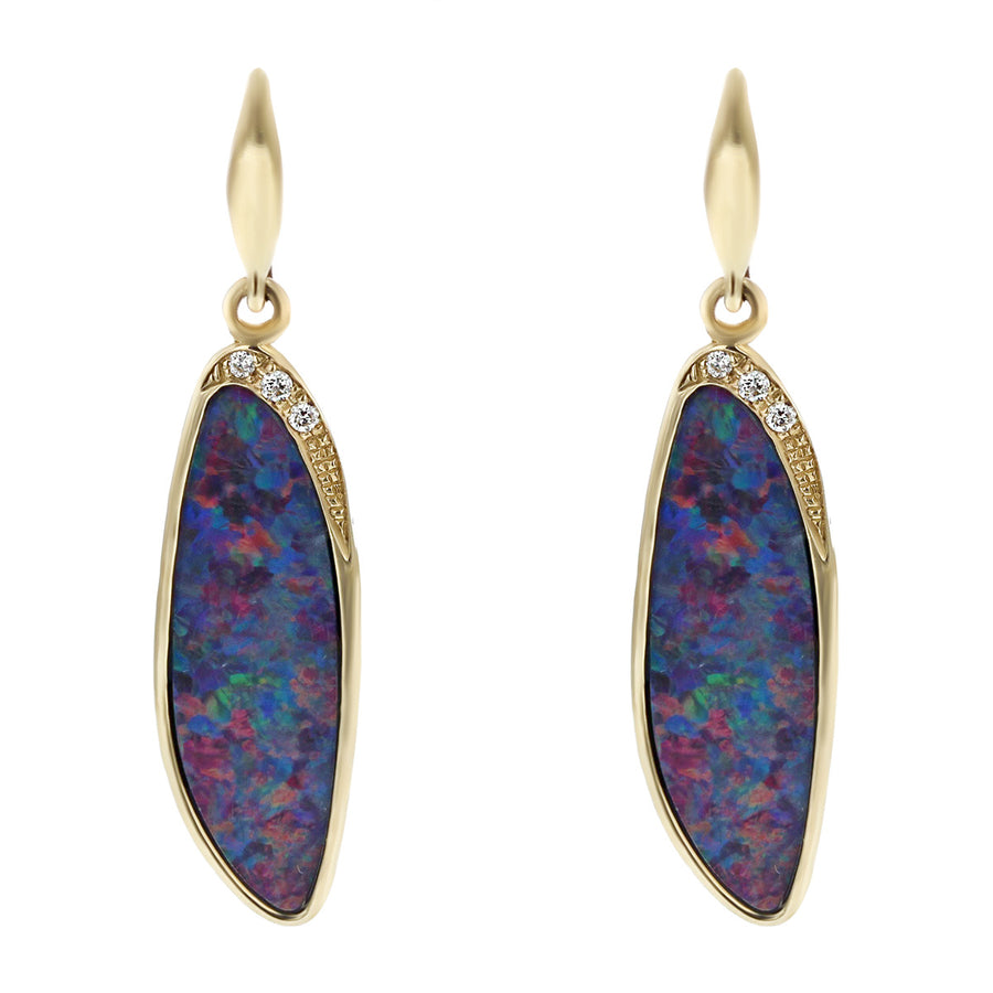 14K Gold Black Opal and Diamond Drop Earrings
