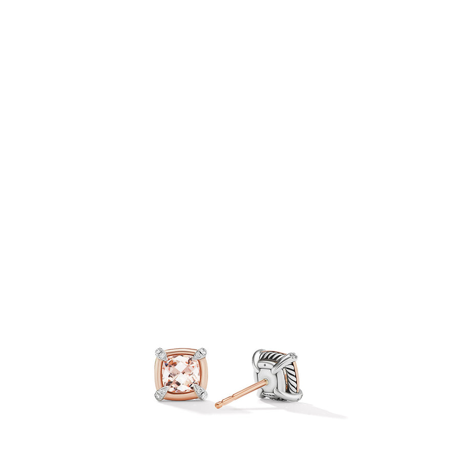 Stud Earrings with Morganite, 18K Rose Gold Bezel and Pave Diamonds