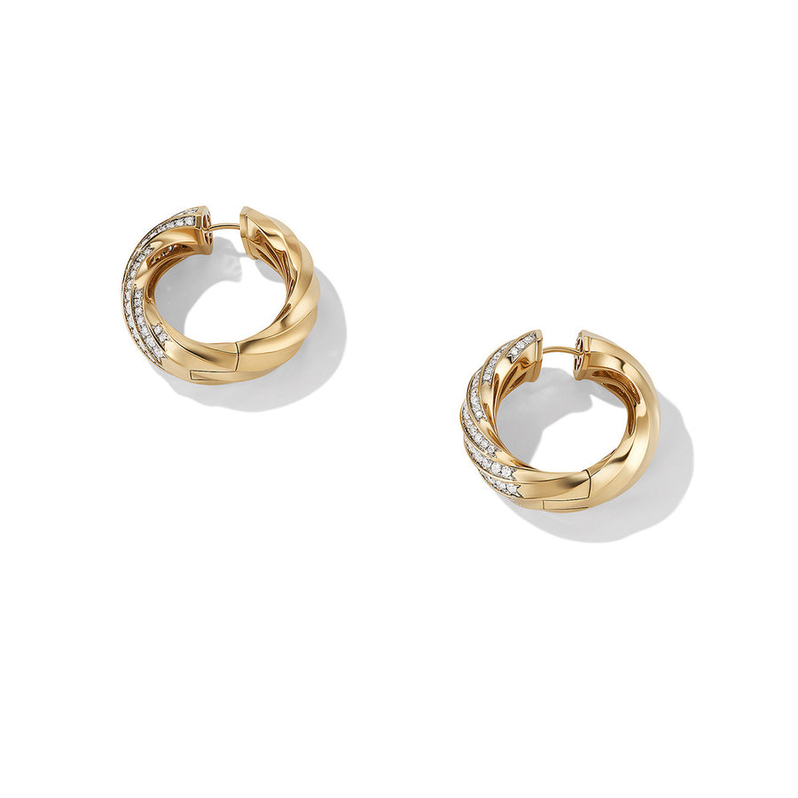 Cable Edge Hoop Earrings in Recycled 18K Yellow Gold with Pave Diamonds