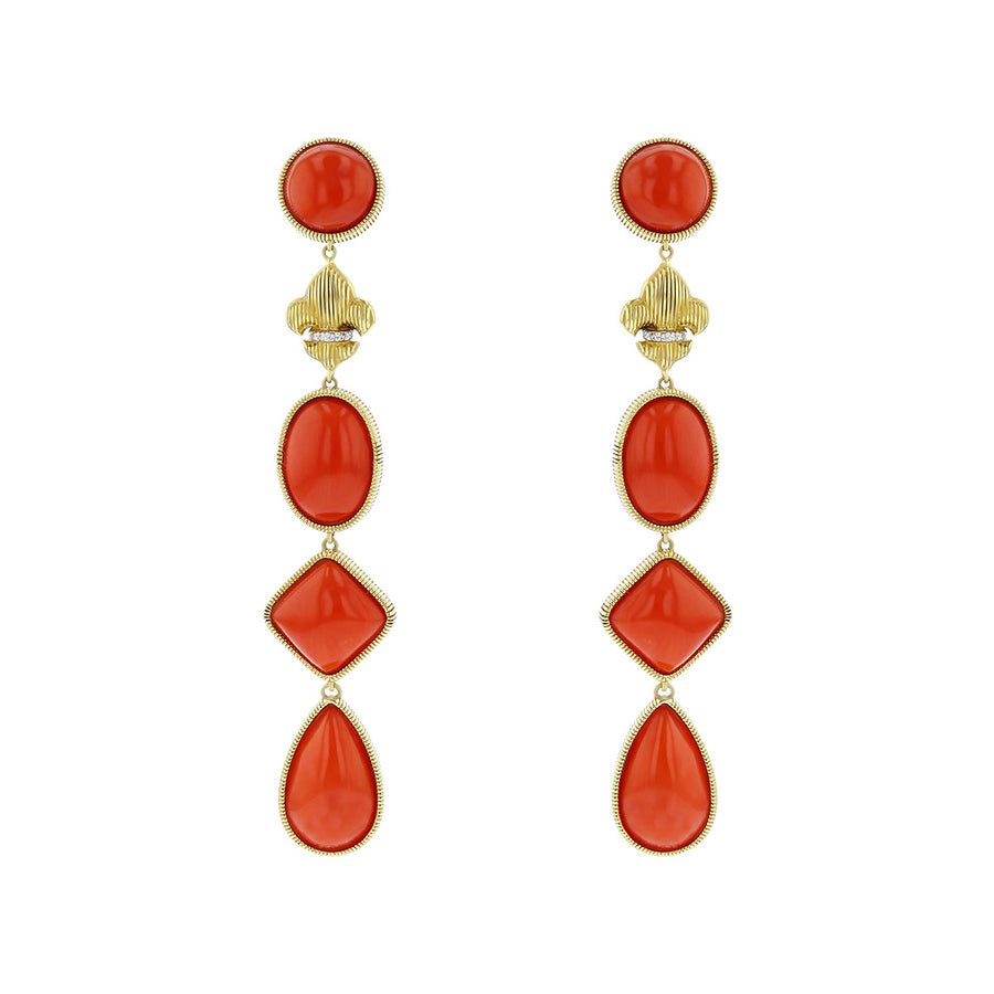 Coral and Diamond Fleur de Lis Drop Earrings