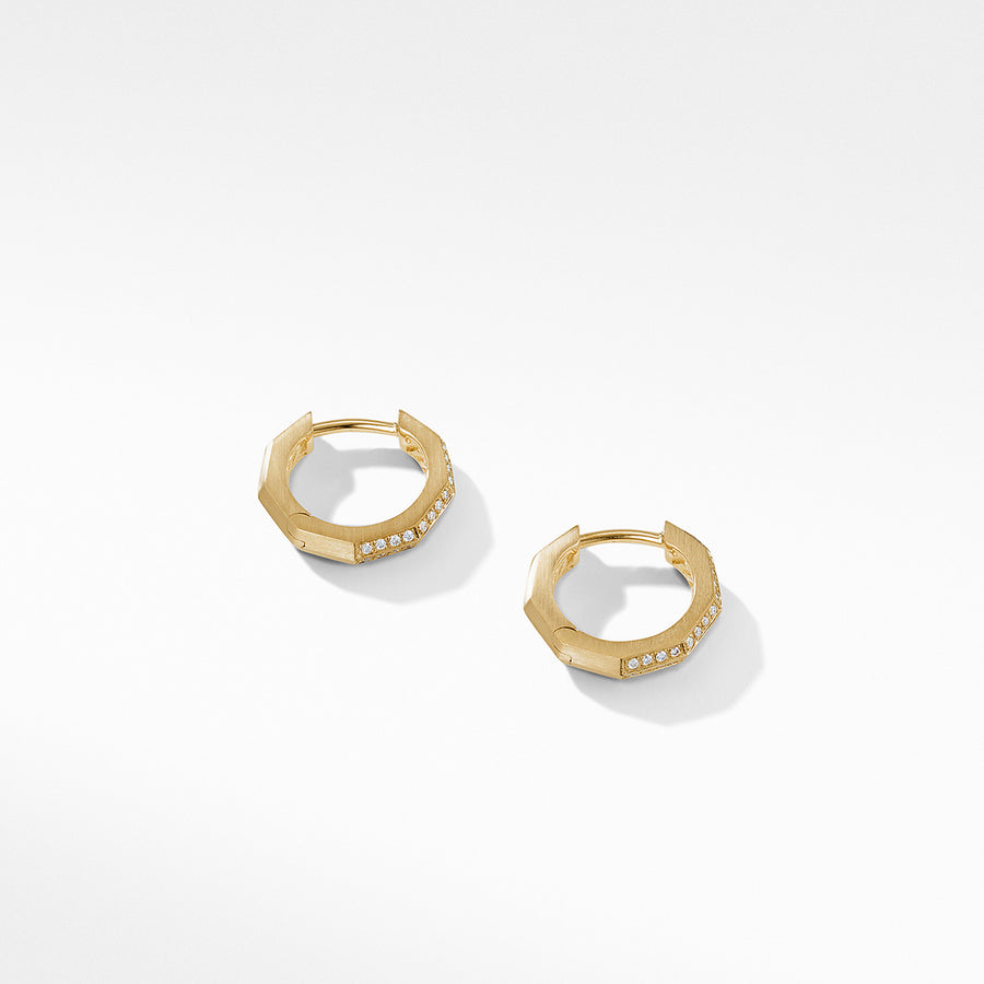 Stax Faceted Huggie Hoop Earrings in 18K Yellow Gold with Pave Diamonds