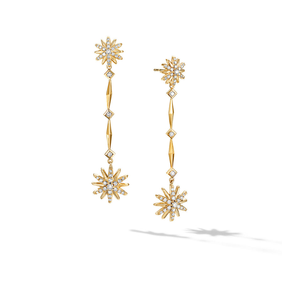 Starburst Stick Drop Earrings in 18K Yellow Gold with Pave Diamonds