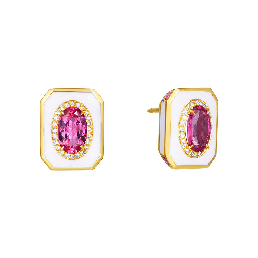 Pink Spinel, Diamond Halo and White Enamel Stud Earrings