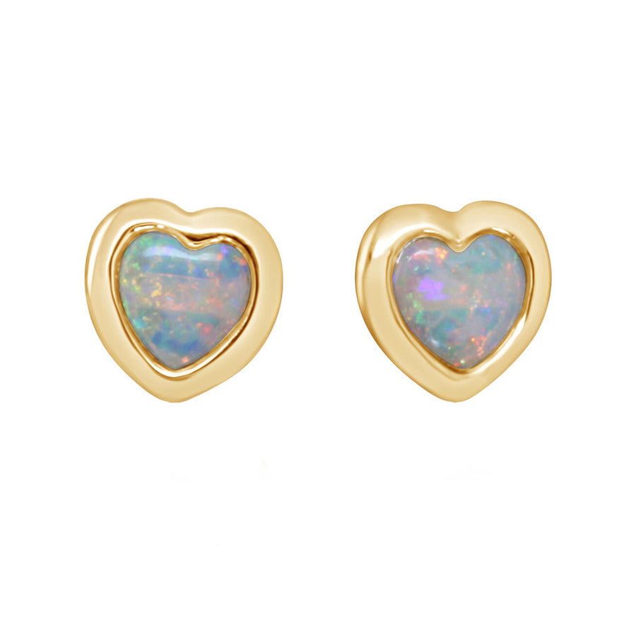 14K Yellow Gold Heart Shaped Australian Opal Stud Earrings
