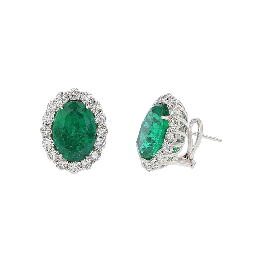 Oval Emerald and Diamond Halo Stud Earrings