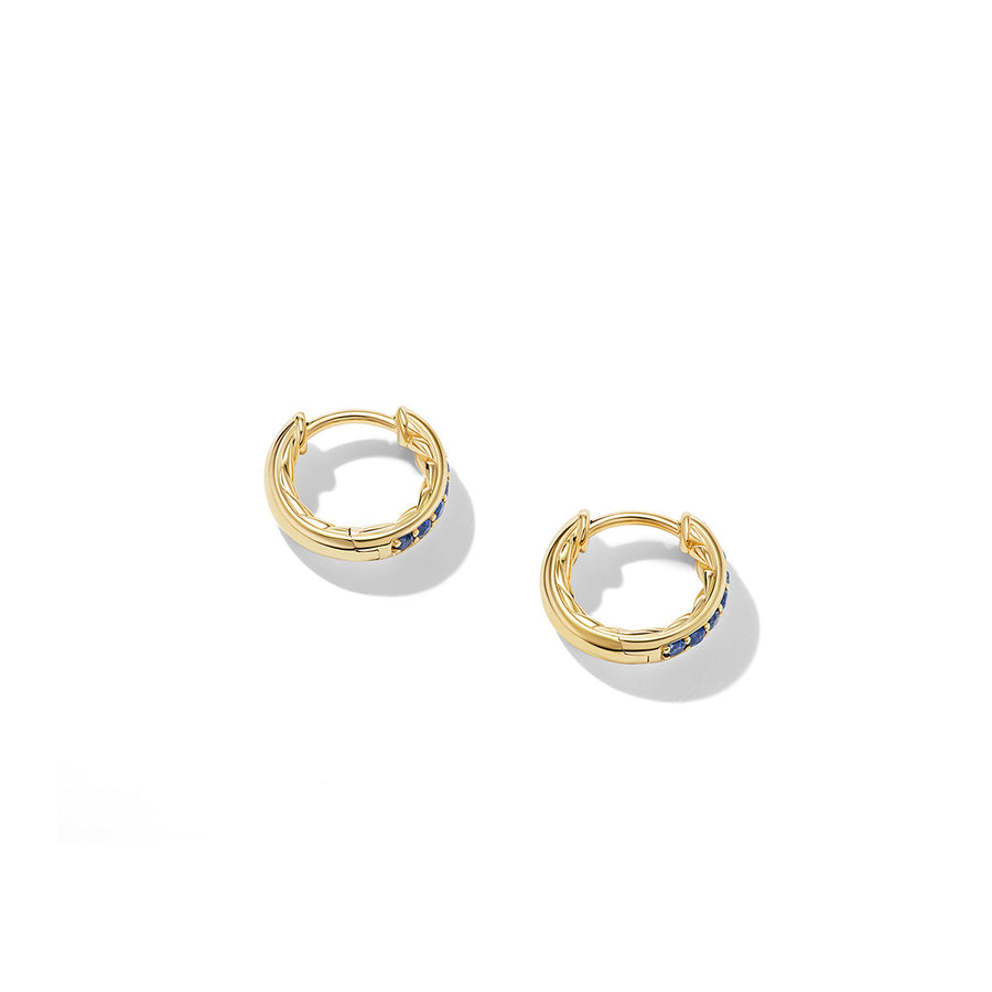 Petite Pave Huggie Hoop Earrings in 18K Yellow Gold with Blue Sapphires