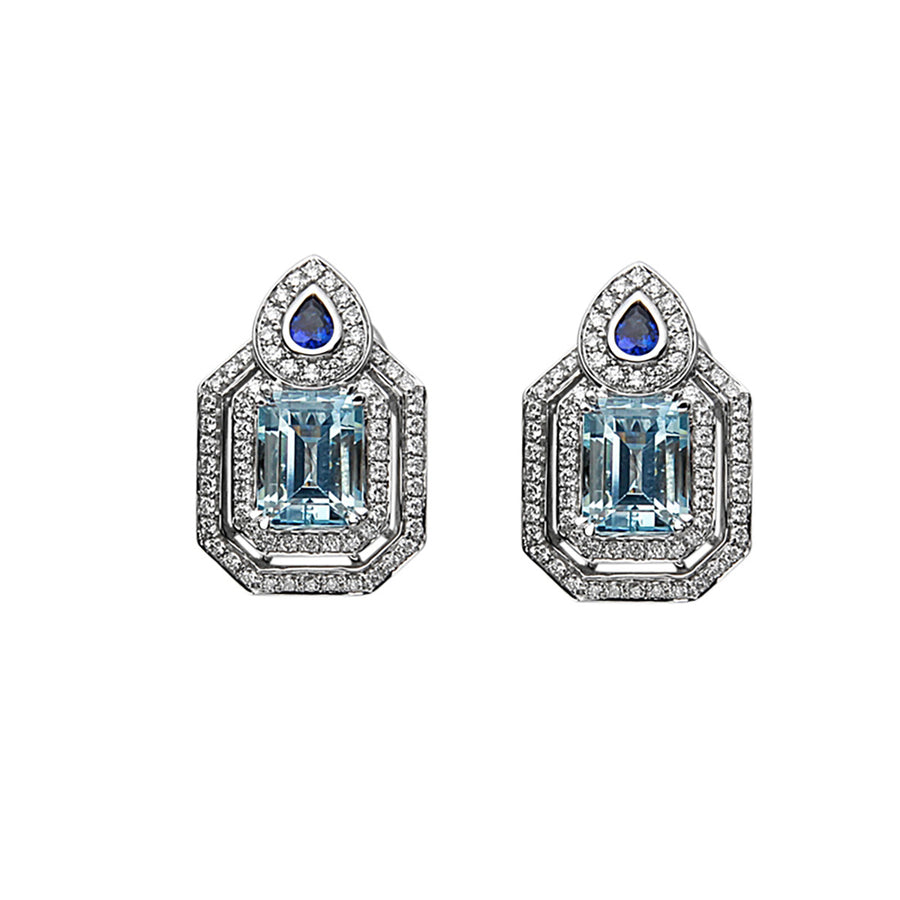 Aquamarine and Diamond Halo Earrings with Sapphires in 18K White Gold