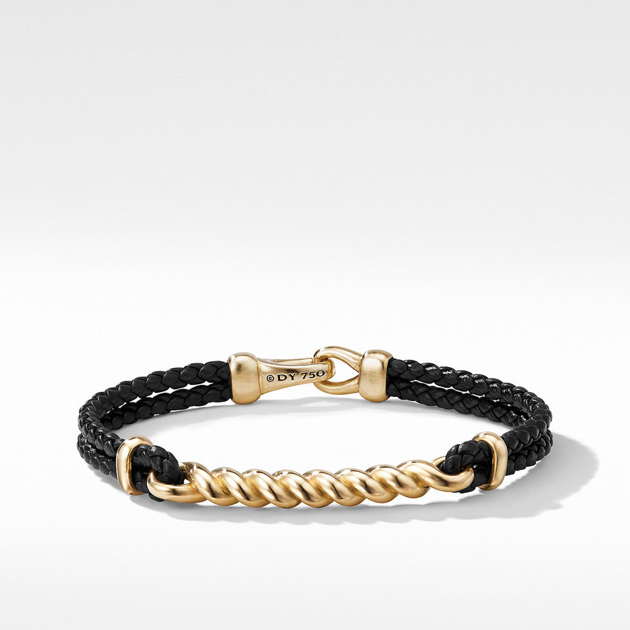 Cable ID Black Leather Bracelet with 18K Yellow Gold