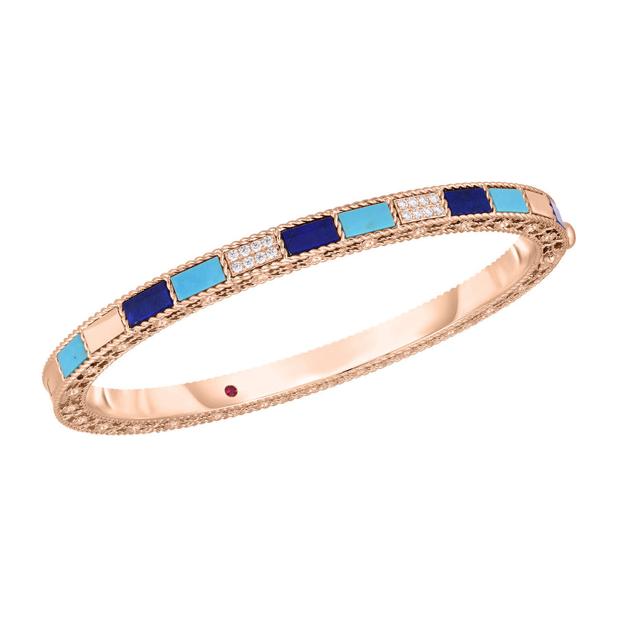 18K Rose Gold Mosaic Alternating Blue Lapis, Diamond and Turquoise Bangle