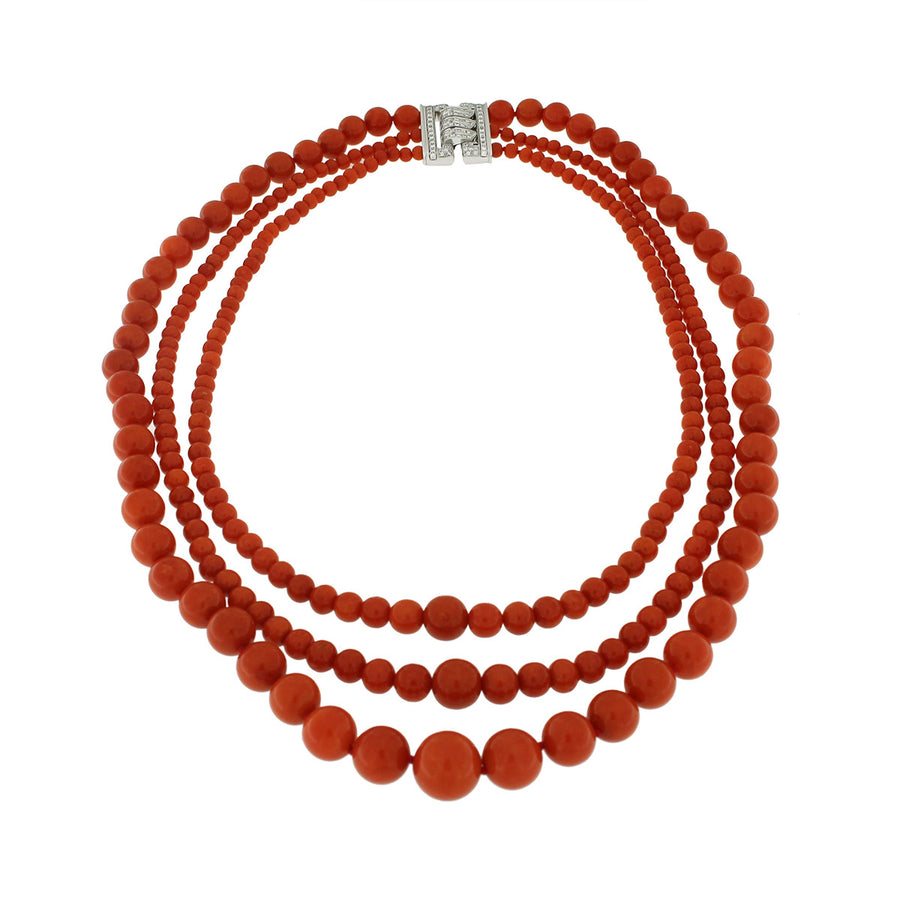 Graduated 3 Strand Coral Bead and Diamond Necklace