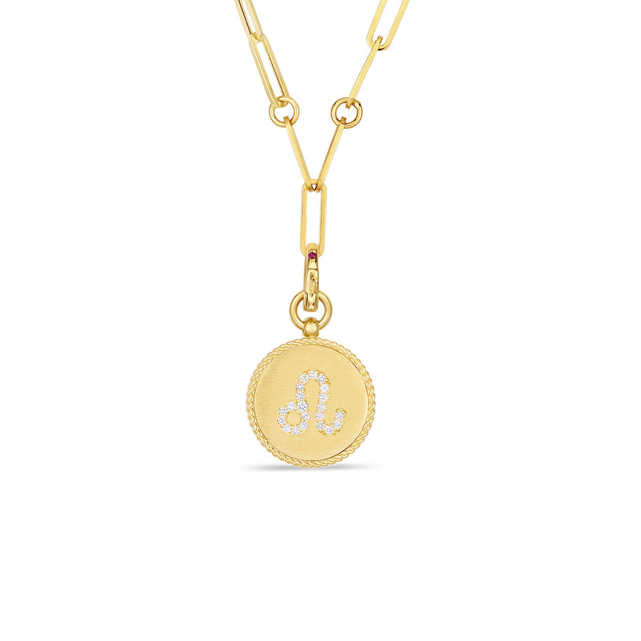18K Diamond Leo Zodiac Medallion Pendant with Coin Edge on Paper Clip Chain
