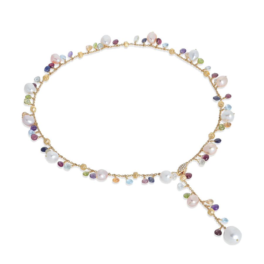 18K Yellow Gold Mixed Gemstone and Pearl Lariat Necklace
