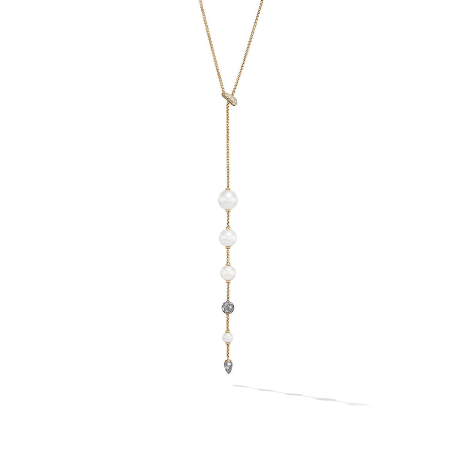 Pearl and Pave Y Necklace in 18K Yellow Gold with Diamonds