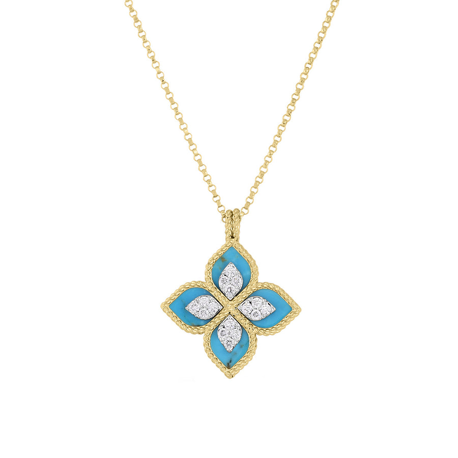 18K Yellow and White Gold Diamond and Turquoise Flower Necklace