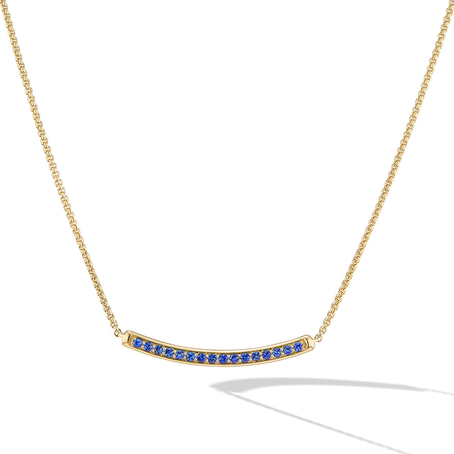 Petite Pave Bar Necklace in 18K Yellow Gold with Blue Sapphires