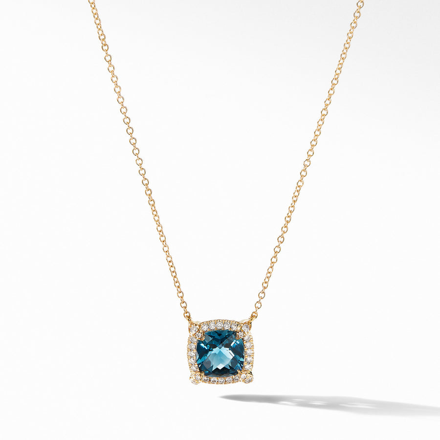 Petite Chatelaine Pave Bezel Pendant Necklace in 18K Yellow Gold with Hampton Blue Topaz