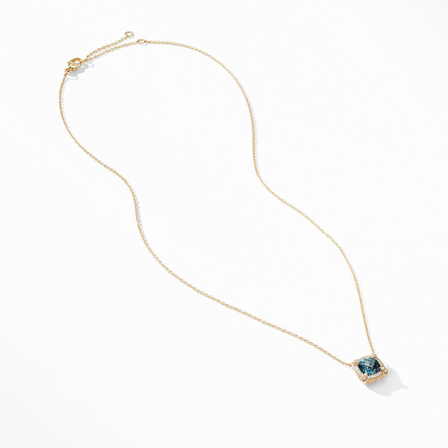 Petite Chatelaine Pave Bezel Pendant Necklace in 18K Yellow Gold with Hampton Blue Topaz
