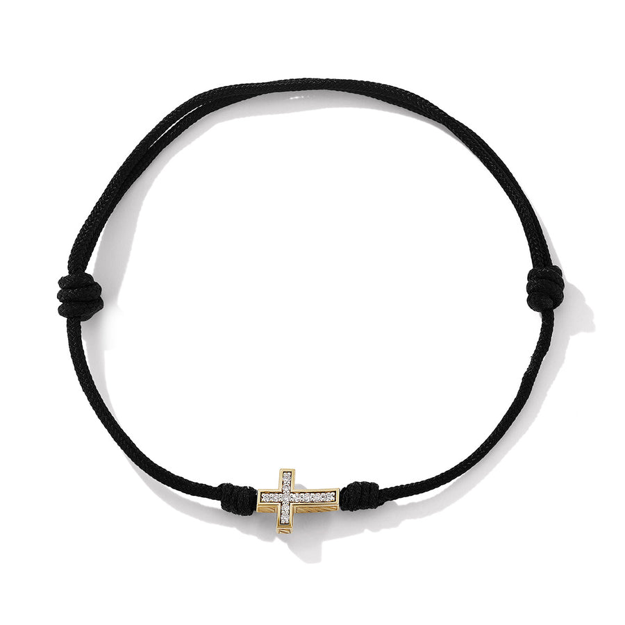 Cross Black Cord Bracelet with 18K Yellow Gold and Pave Diamonds