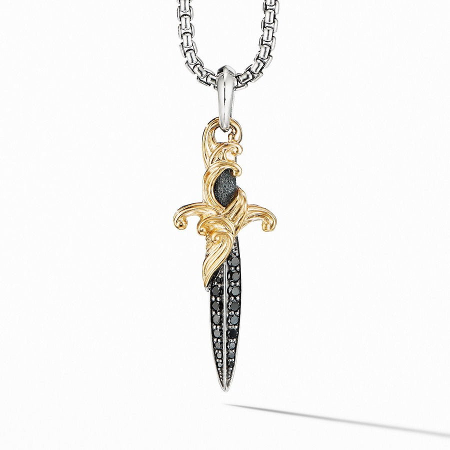 Waves Dagger Amulet in Sterling Silver with Pave Black Diamonds and 18K Yellow Gold
