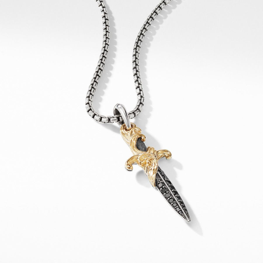 Waves Dagger Amulet in Sterling Silver with Pave Black Diamonds and 18K Yellow Gold