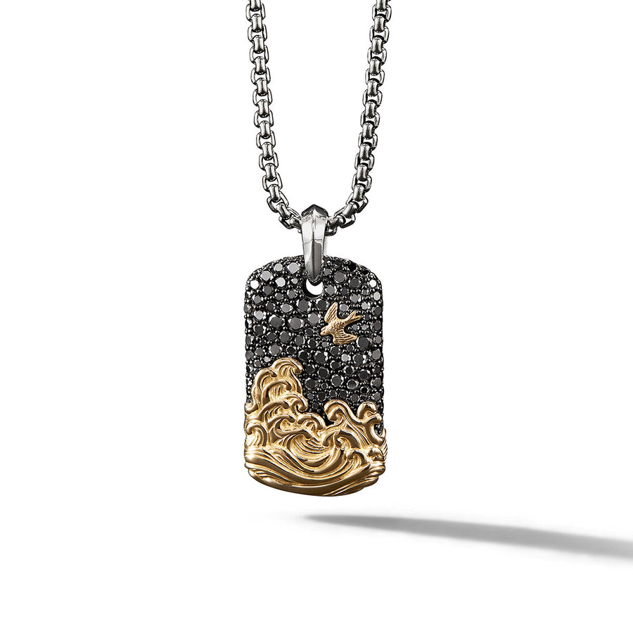 Waves Tag in Sterling Silver with Pave Black Diamonds and 18K Yellow Gold