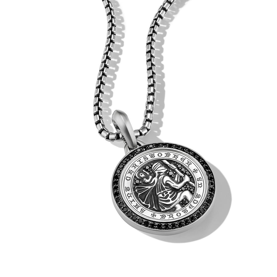 St. Christopher Amulet in Sterling Silver with Pave Black Diamonds