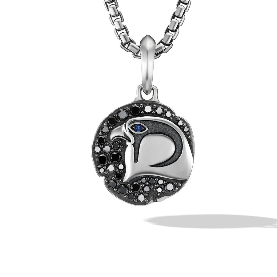 Cairo Falcon Amulet in Sterling Silver with Sapphire and Pave Black Diamonds