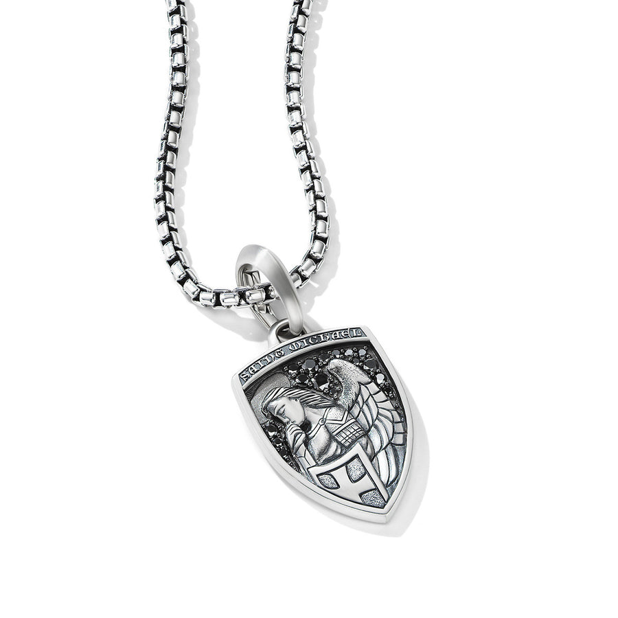 St. Michael Amulet in Sterling Silver with Pave Black Diamonds