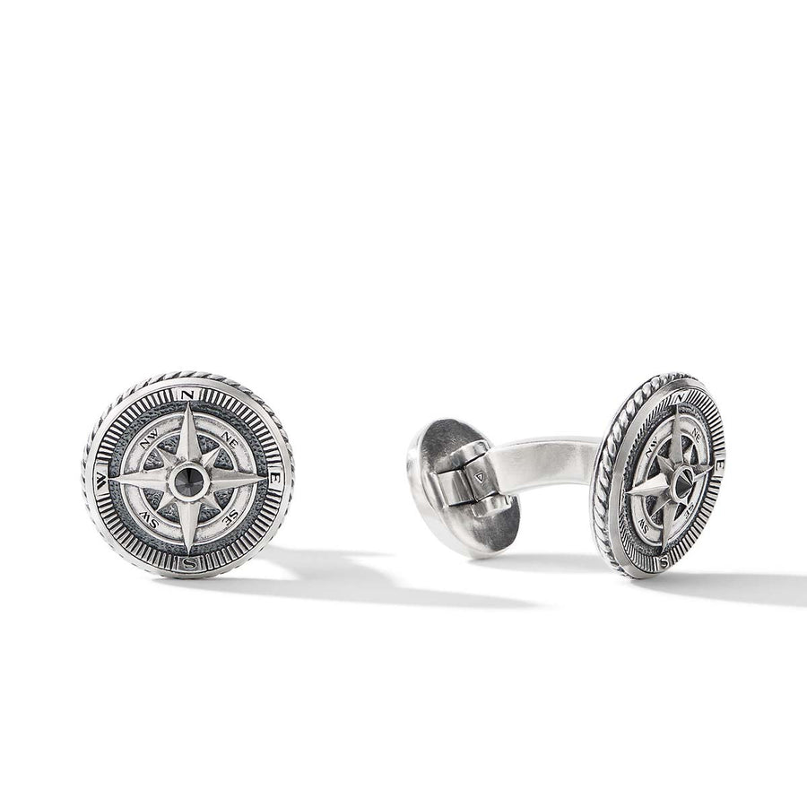 Maritime Compass Cufflinks in Sterling Silver with Center Black Diamond