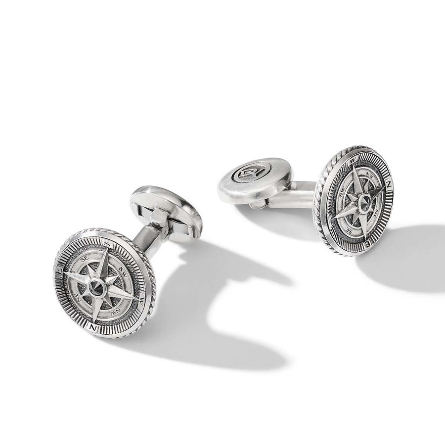 Maritime Compass Cufflinks in Sterling Silver with Center Black Diamond