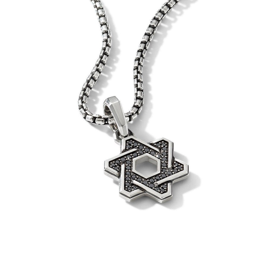 Deco Star of David Pendant in Sterling Silver with Pave Black Diamonds