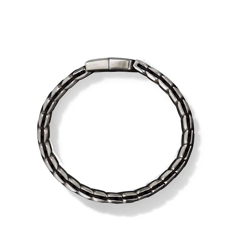 Chevron Woven Bracelet in Sterling Silver with Pave Black Diamonds and Black Nylon