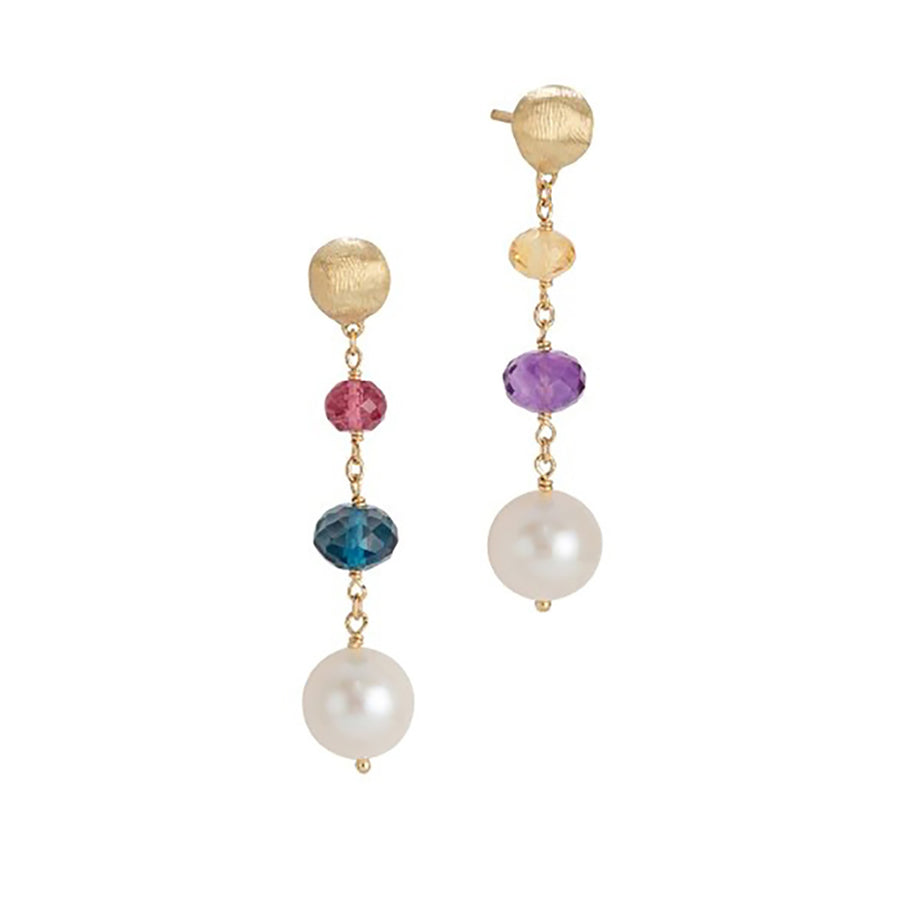 18K Yellow Gold Mixed Gemstone and Pearl Drop Earrings