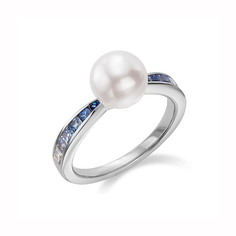 Akoya Pearl and Sapphire Ring in 18K White Gold