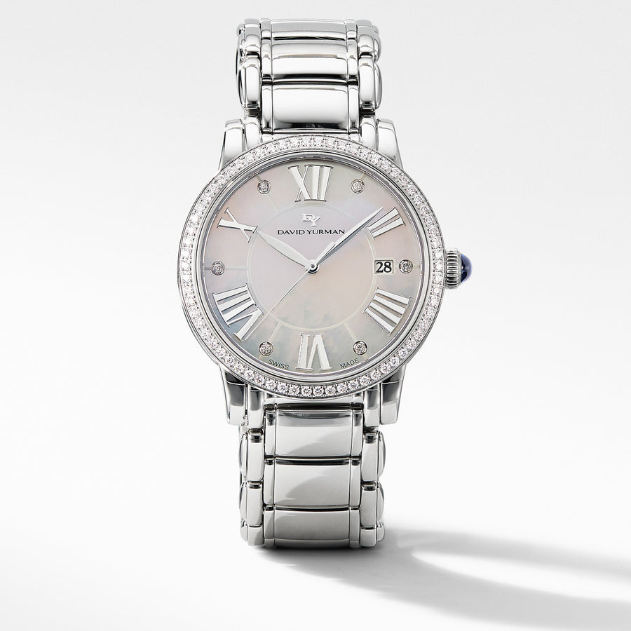 Classic 38mm Stainless Steel Quartz Watch with Diamonds