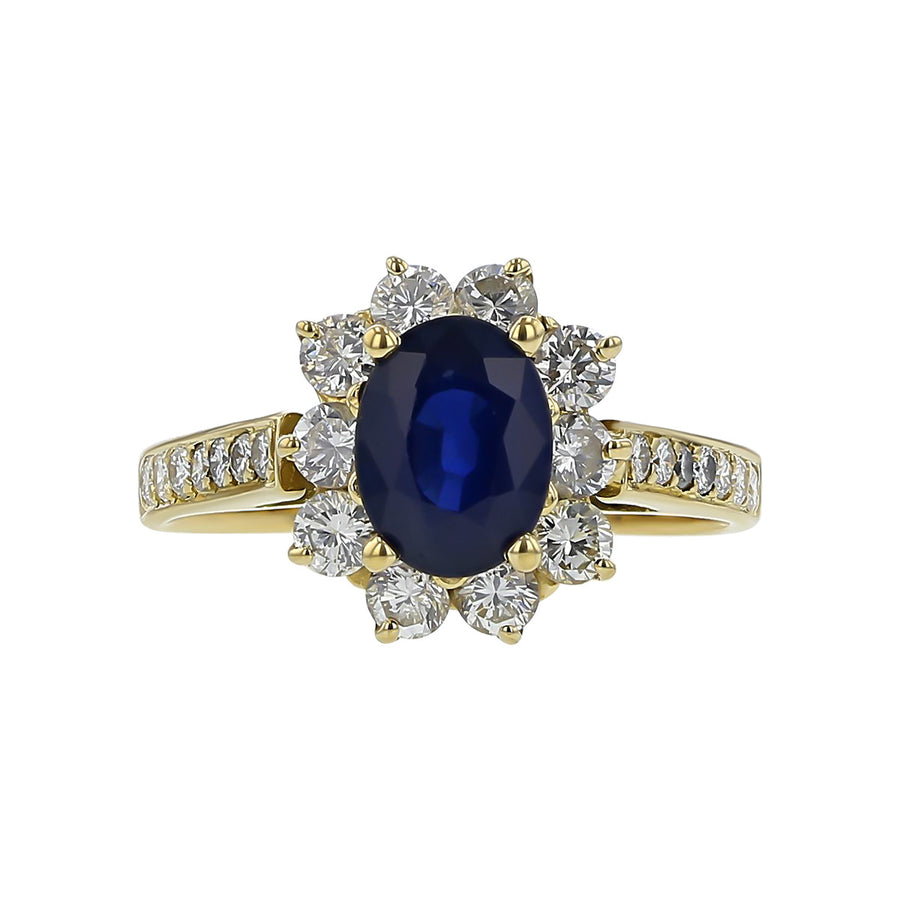 18K Yellow Gold Sapphire and Diamond Halo Ring