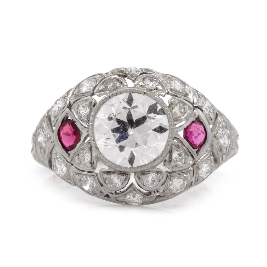 Art Deco Platinum Diamond Ruby Milgrain Ring