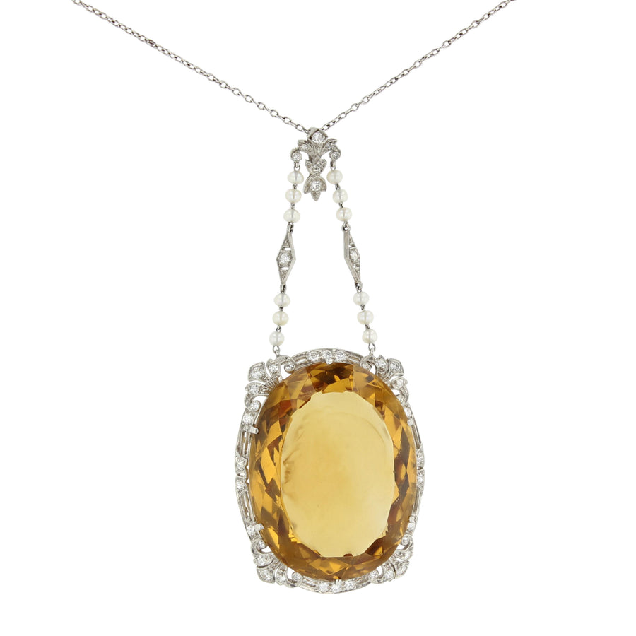 Platinum Intaglio Citrine Diamond Edwardian Pendant