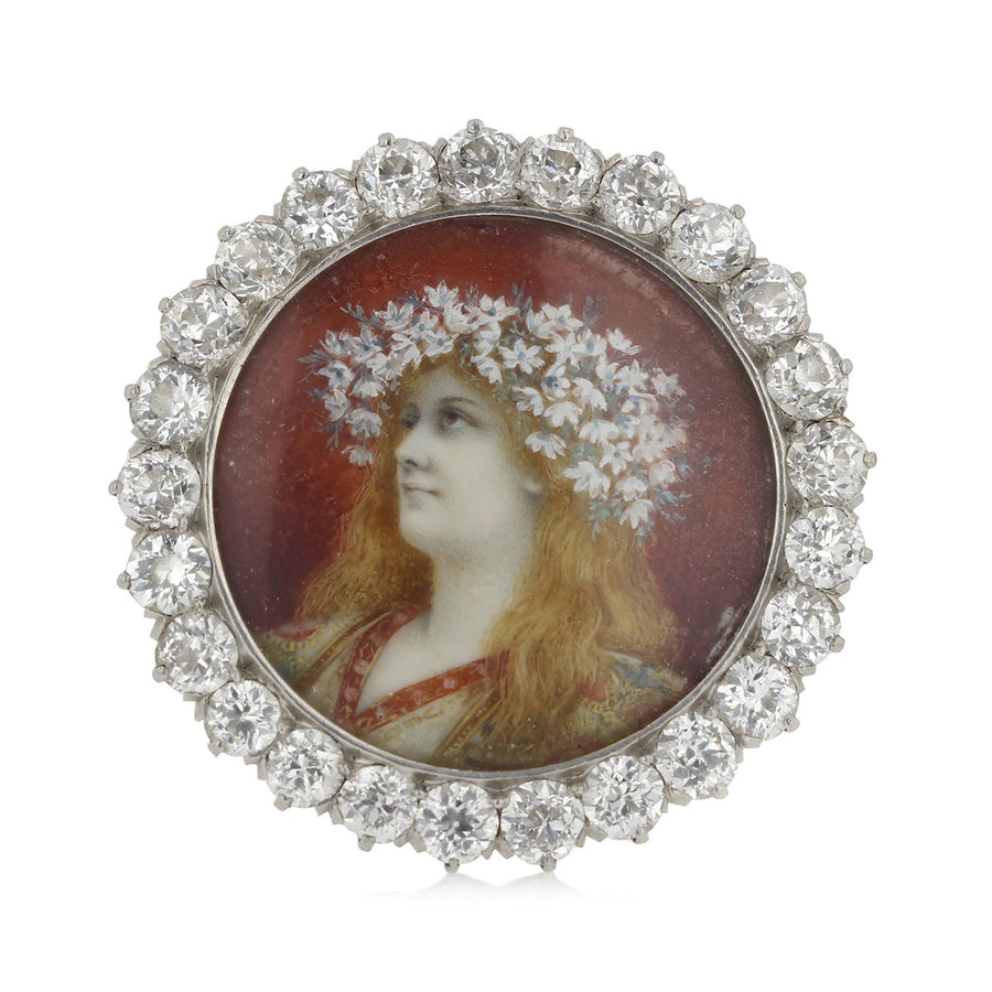 Victorian Diamond Hand-Painted Portrait Pin