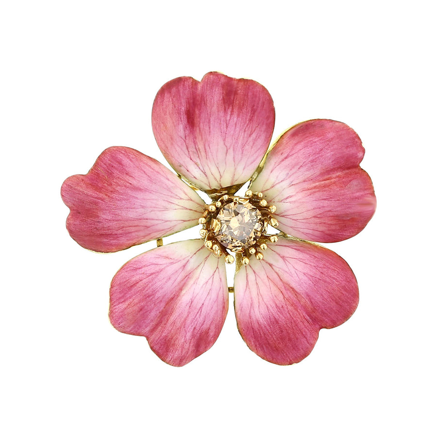Enamel Floral Pin with European-Cut Diamond