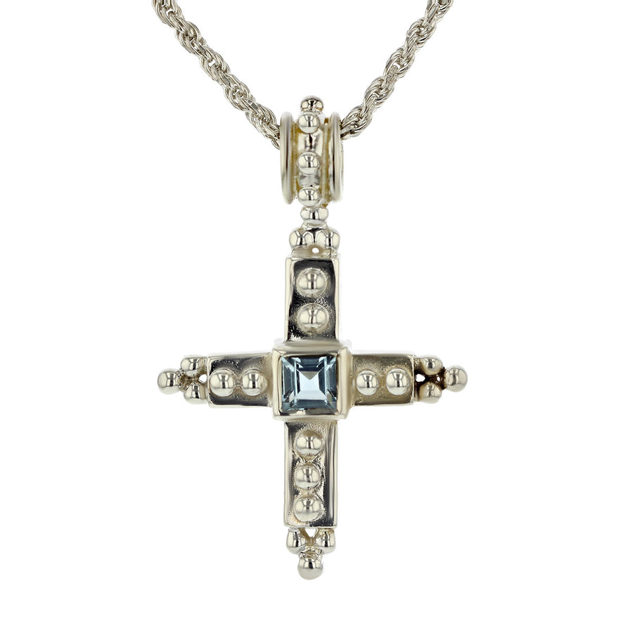 Sterling Silver Blue Topaz Cross on Rope Chain