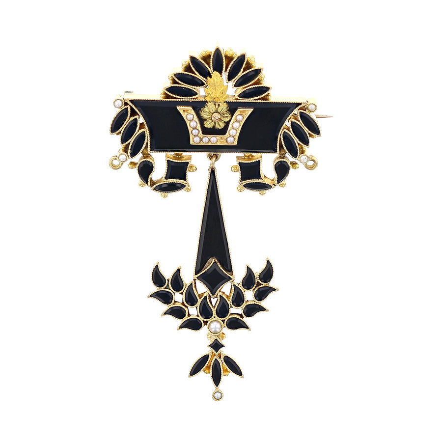 Victorian 14K Gold Black Enamel and Pearl Pin